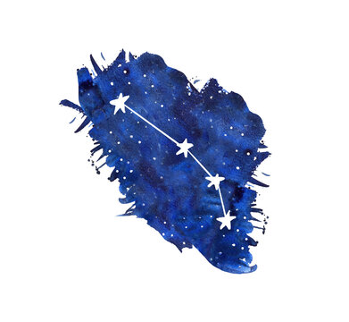 Aries Watercolor Zodiac Signs. Hand Drawn Stars On Deep Blue Galaxy Background Illustration.