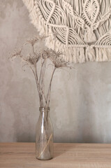 bouquet of reed plant on the background of a gray concrete wall with macrame