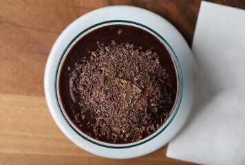 Chocolate souffle on.a dessert glass bird's eye view