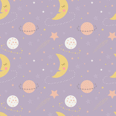 Seamless pattern of cute sleepy moons, planets, and stars on a purple background