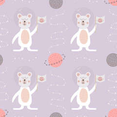 Seamless pattern of cute planets and astronaut bears on a soft lavender background