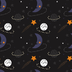 Seamless pattern of cute sleepy moons, planets, and stars on a black background