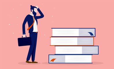 Businessman needs to learn and adapt - Man looking at books and scratching his head. Personal development and the need to learn new skills concept. Vector illustration. 