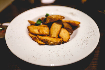 Japanese rustic french fries in a white plate, Tokyo, Japan	