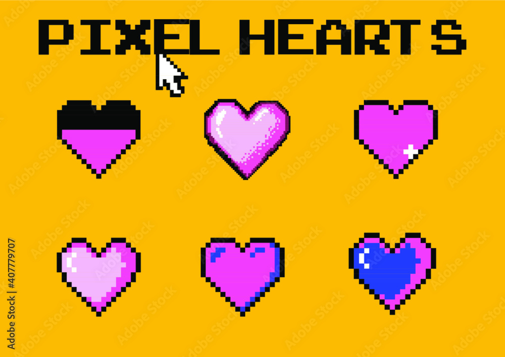 Aufkleber set of pixel art heart icons. vector 8-bit retro style illustration.