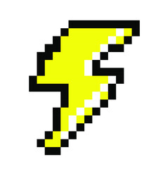 Obraz premium Lightning bolt icon in pixel art style like in old video games of 80's-90's. Symbol of thunderbolt, High Voltage icon.