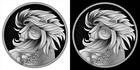 Leo zodiac sign, astrological horoscope symbol. Black white lion with mane. Pixel monochrome icon style. Head in profile, looking away. Raised Up Paw with sharp claws. Portrait lion at circle. Vector.