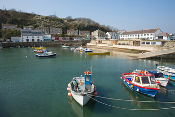 Harbour Porth leven Cornwall England UK with boats and blue sea