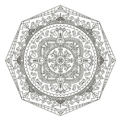 Mandala, illustration, tattoo, decorative ornament in ethnic oriental style. Coloring book page. 