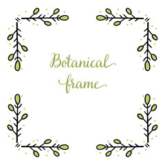 Square frame for text decoration in doodle style. Natural style, branches, plants, flowers. Black outline with colored accents on a white background.