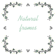 Square frame for text decoration in doodle style. Natural style, branches, plants, flowers. Black outline with colored accents on a white background.