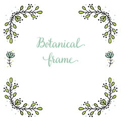 Square frame for text decoration in doodle style. Natural style, branches, plants, flowers. Black outline with colored accents on a white background.