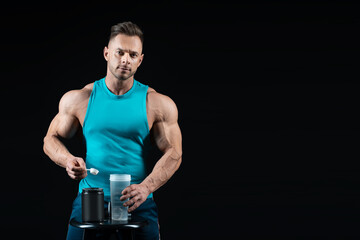athlete man preparing protein cocktail or use sport nutrition supplement