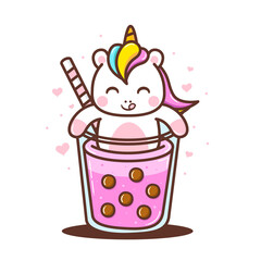 cute little unicorn with cute bubble drink