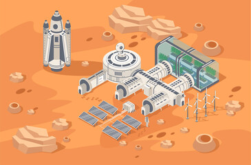 Mars Colonization concept. Habitable station. Biological terraforming, Adapting humans on Mars. Astronautics and space technology. 3d Isometric cartoon vector illustration © Rudzhan