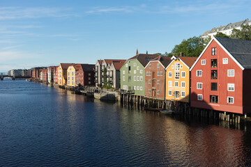 Fototapeta na wymiar Storage houses on the Nidelv River in Trondheim