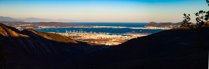 View to the bay of Algeciras, Spain, Andalusia, with the port and Gibraltar in the background