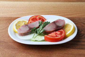 Traditional Turkish appetizers pickled tunny