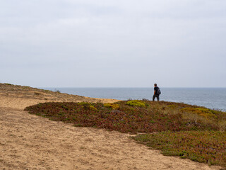 Person walking alone in cliff along the shore and ocean, in costa vicentina, alentejo, portugal
