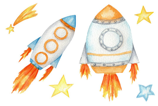 Space rocket launch, stars set. Spaceship start isolated watercolor illustration. Cute Cartoon kids space ship.