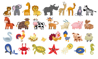 A big set of animals for making posters, projects for children. A flat illustration.
