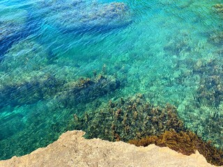 Sea turquoise water crystal clear waves background, coral reef in the ocean, summer relax, vacation, relaxing holidays, wonderful seascape, freshness, swimming, zen, meditation, spa.