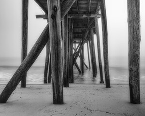 Black and white, long exposure of pilings and a fishing pier in the Atlantic Ocean.