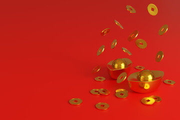 Chinese gold ingots and coins, symbol of prosperity, isolated on red background. 3d illustration.