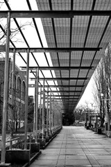 Black and white image of a steel grating covered walkway, leading along a public park, near an old brick building.