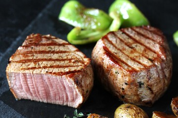 grill filet mignon and vegetables, grilled - young potatoes and peppers. steak mignon from the meat of young beef is shown in section, the degree of preparation is 