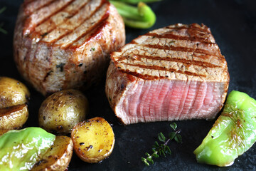 grill filet mignon and vegetables, grilled - young potatoes and peppers. steak mignon from the meat of young beef is shown in section, the degree of preparation is 