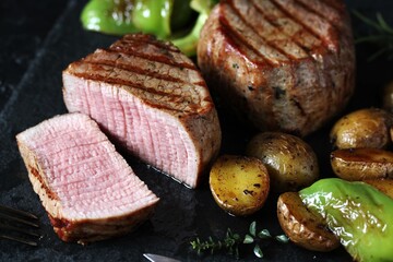 grill filet mignon and vegetables, grilled - young potatoes and peppers. steak mignon from the meat of young beef is shown in section, the degree of preparation is 
