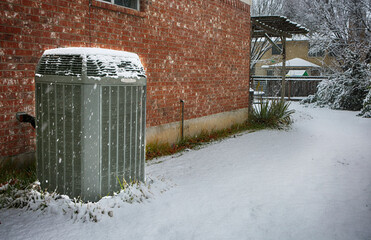 Modern high efficiency air conditioner under falling snow