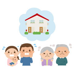 Obraz na płótnie Canvas 二世帯住宅と怒る老夫婦のイラスト。問題に直面して困ってる若い夫婦。