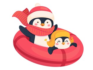 Penguins on a snow tube