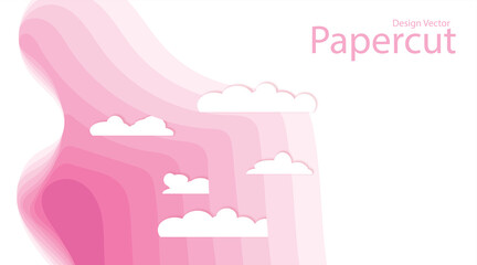Abstract pink wave background with clouds. Paper cut style vector design illustration.
