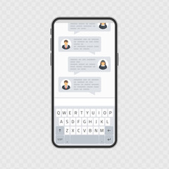 Smartphone with chat screen app, messaging template. Chatting with chatbot on mobile phone, online conversation with texting message. Vector illustration EPS 10.