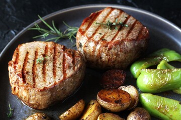 grill filet mignon and vegetables, grilled. steak mignon from the meat of young beef