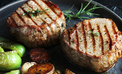 grill filet mignon and vegetables, grilled. steak mignon from the meat of young beef