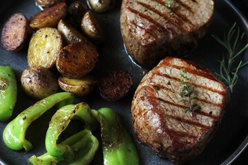 grill filet mignon and vegetables, grilled. steak mignon from the meat of young beef
