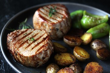 grill filet mignon and vegetables, grilled. steak mignon from the meat of young beef