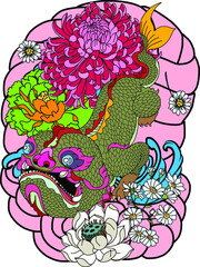 Hand drawn Monster of Buddhism  tattoo ,Animal mixed between dragon and fish. Thai Language call 