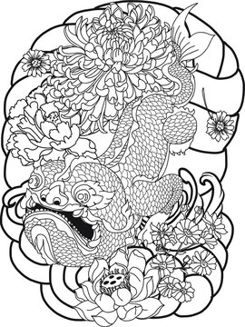 Hand drawn Monster of Buddhism  tattoo ,Animal mixed between dragon and fish. Thai Language call "Morm"Himmapan's animal.