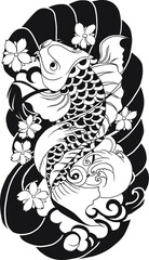 hand drawn koi fish with flower tattoo for Arm.Japanese koi carp fish isolate for arm tattoo.Design for deck surf skateboard.