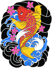 hand drawn koi fish with flower tattoo for Arm.Japanese koi carp fish isolate for arm tattoo.Design for deck surf skateboard.