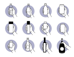 Hand holding different type of drinking and beverage bottle designs. Vector illustration of hand holding plastic bottle, aluminum flask, tin can, peanut butter jam jar, glass bottle and liquor.