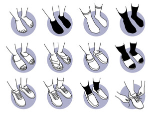 Foot and feet wearing different type of shoes and socks. Vector illustration of leg wearing stockings, slipper, sandal, sportwear, and business leather shoes. Hand tying shoelaces.
