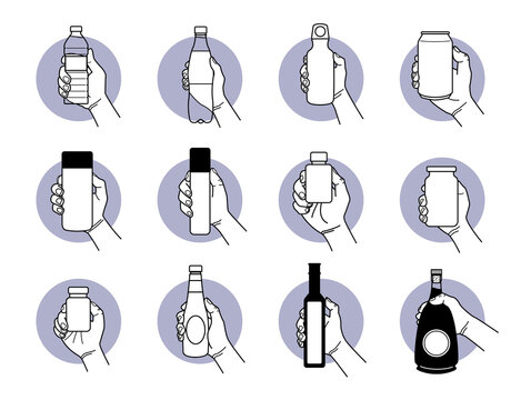 Hand Holding Different Type Of Drinking And Beverage Bottle Designs. Vector Illustration Of Hand Holding Plastic Bottle, Aluminum Flask, Tin Can, Peanut Butter Jam Jar, Glass Bottle And Liquor.