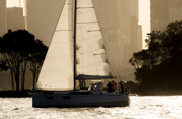 Sailboat at dusk with Clark Island and Sydney's downtown district in the background. Silhouette effect