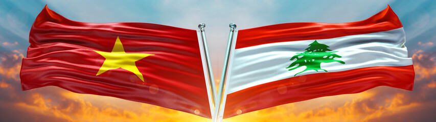 Double Flag Lebanon الجمهورية اللبنانية and Vietnam flag waving flag with texture sky Cloud and sunset